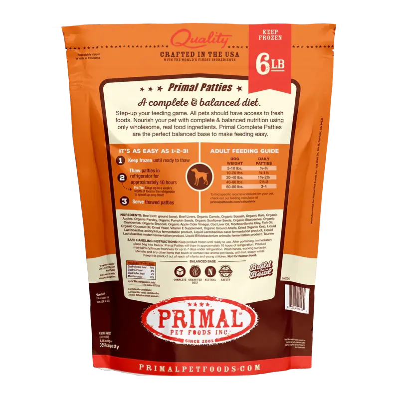 Primal Dog Frozen Patties Beef 6 lbs Frozen Raw Dog Food